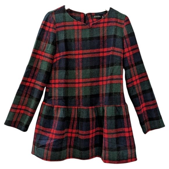 Vintage Pandora Green & Red V Neck Checker Plaid Ruffle L/S Woolen Tunic XL - Picture 1 of 3